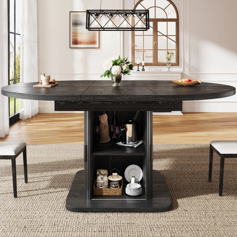 Isola cucina con tavolo girevole 120-223 cm in MDF e metallo; bianca con piano effetto rovere
