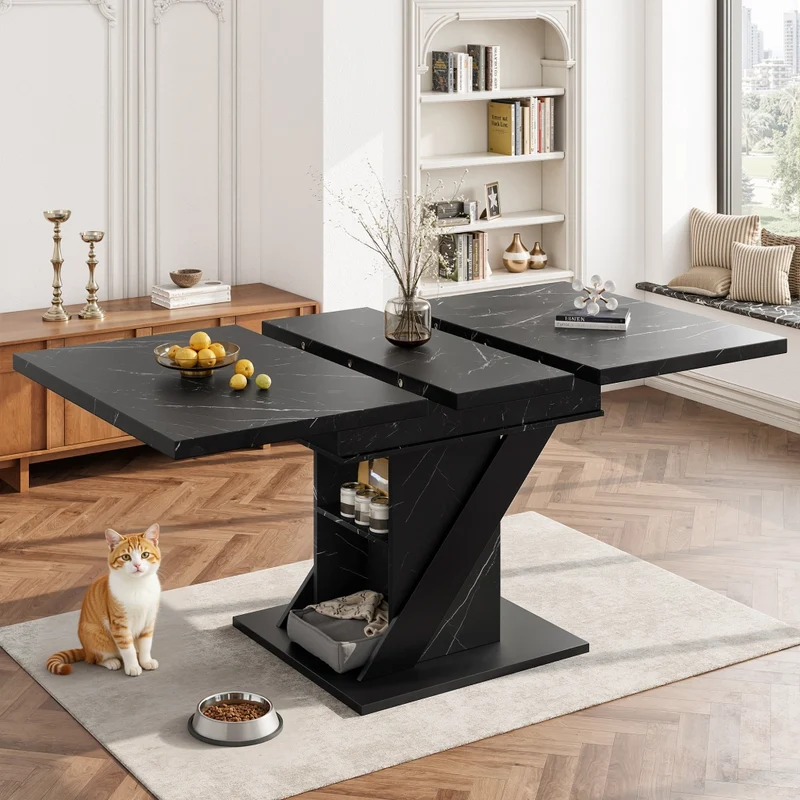 Isola cucina con tavolo girevole 120-223 cm in MDF e metallo; nero con piano effetto rovere