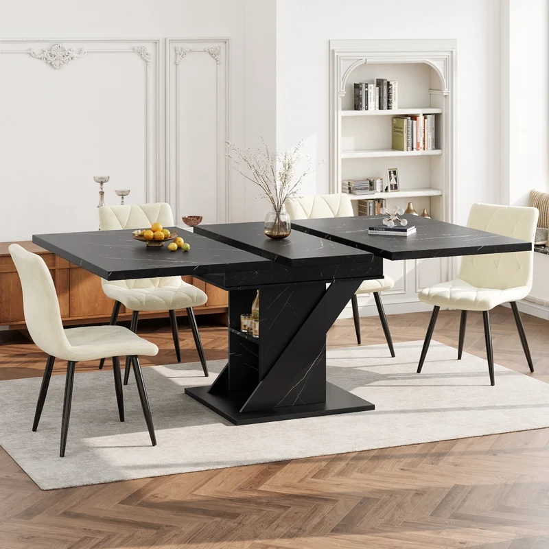 Isola cucina con tavolo girevole 120-223 cm in MDF e metallo; nero con piano effetto rovere