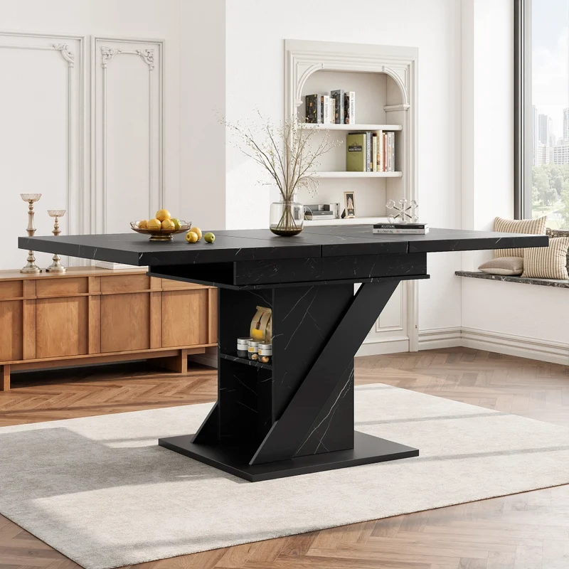 Isola cucina con tavolo girevole 120-223 cm in MDF e metallo; nero con piano effetto rovere