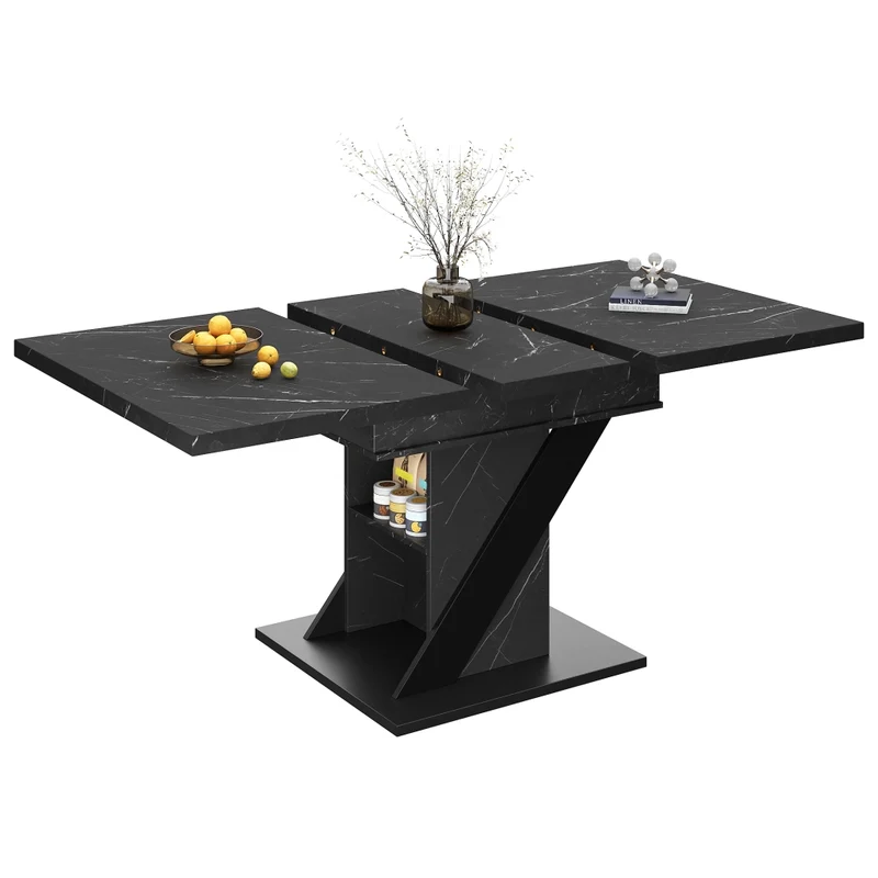 Isola cucina con tavolo girevole 120-223 cm in MDF e metallo; nero con piano effetto rovere