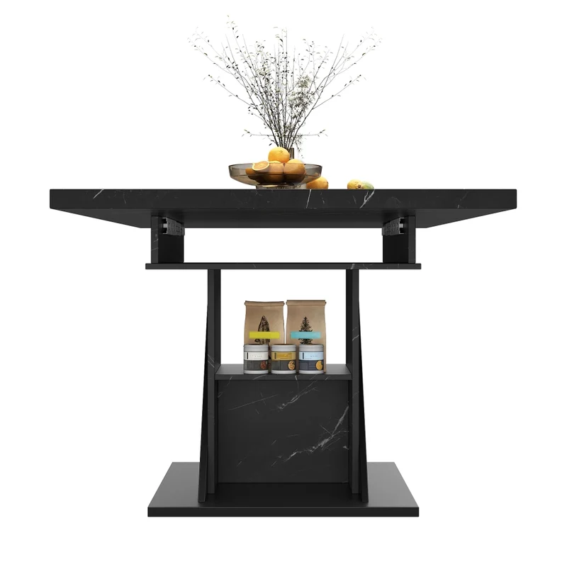 Isola cucina con tavolo girevole 120-223 cm in MDF e metallo; nero con piano effetto rovere