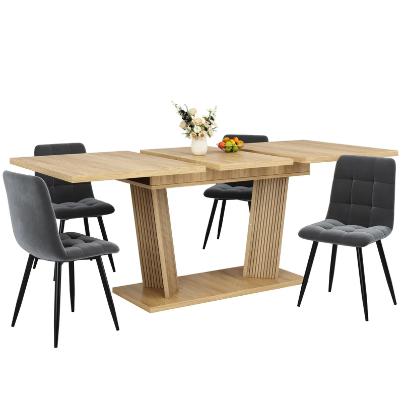 Tavolo da pranzo allungabile da 140 a 180 cm con contenitore integrato; ante scanalate; MDF e metallo; rovere chiaro o noce