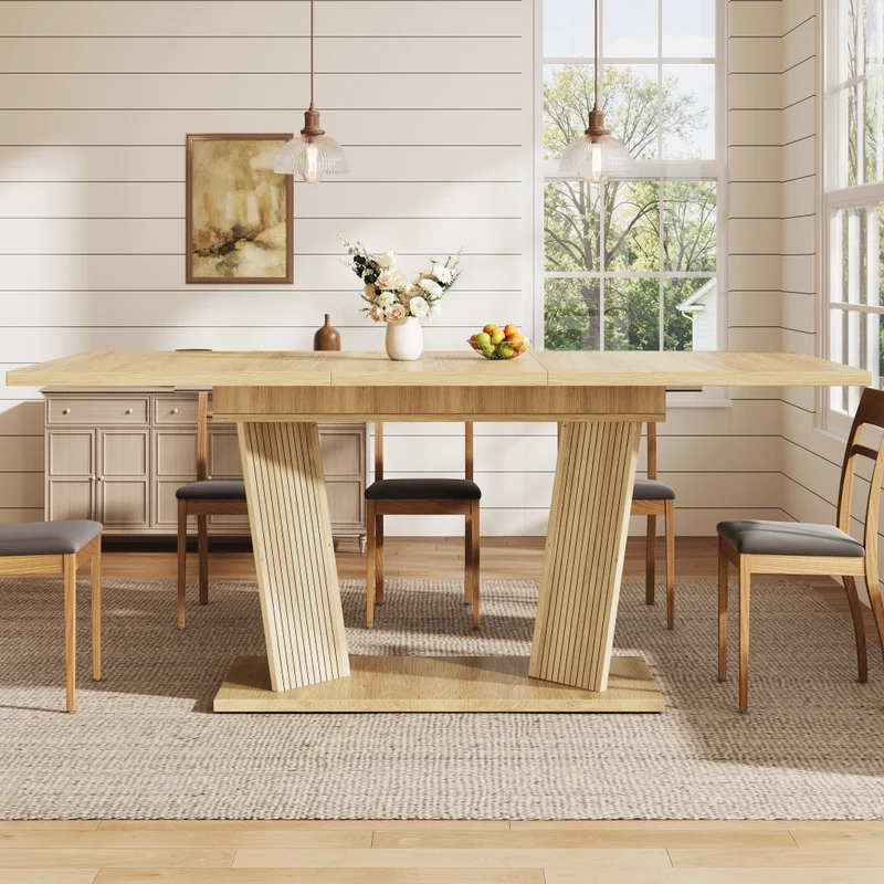 Tavolo da pranzo allungabile da 140 a 180 cm con contenitore integrato; ante scanalate; MDF e metallo; rovere chiaro o noce
