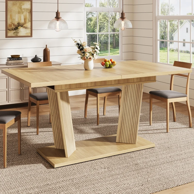 Tavolo da pranzo allungabile da 140 a 180 cm con contenitore integrato; ante scanalate; MDF e metallo; rovere chiaro o noce