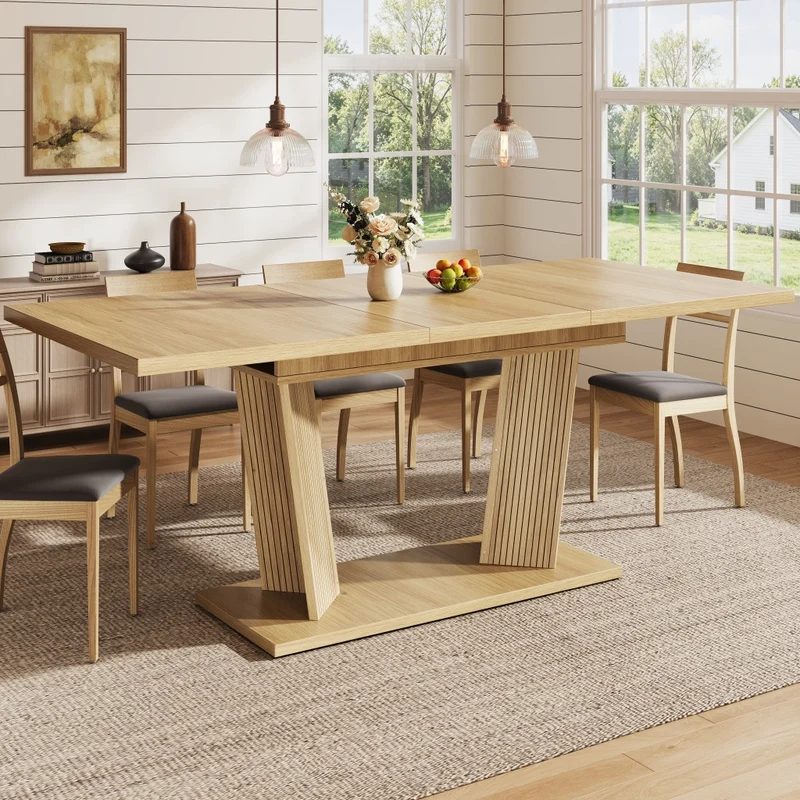 Tavolo da pranzo allungabile da 140 a 180 cm con contenitore integrato; ante scanalate; MDF e metallo; rovere chiaro o noce