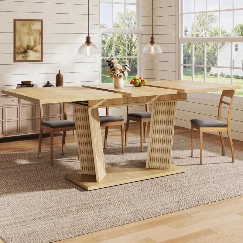 Tavolo da pranzo allungabile da 140 a 180 cm con contenitore integrato; ante scanalate; MDF e metallo; rovere chiaro o noce