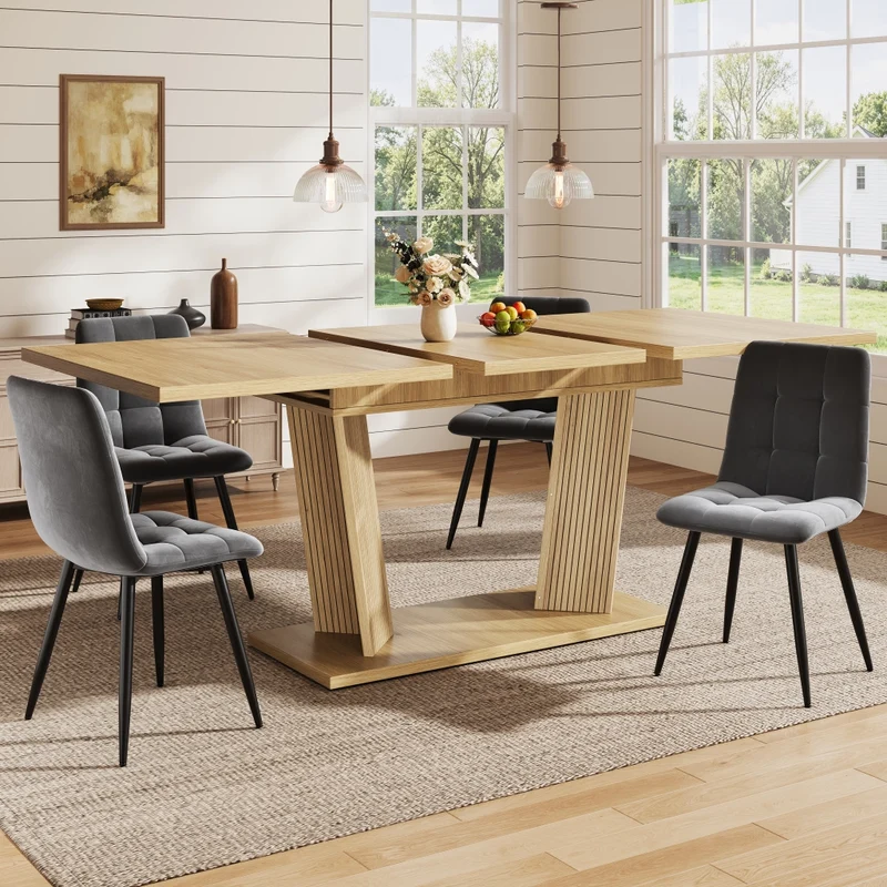 Tavolo da pranzo allungabile da 140 a 180 cm con contenitore integrato; ante scanalate; MDF e metallo; rovere chiaro o noce