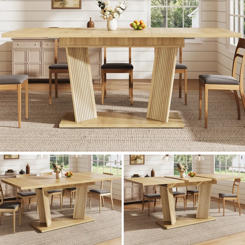 Tavolo da pranzo allungabile da 140 a 180 cm con contenitore integrato; ante scanalate; MDF e metallo; rovere chiaro o noce
