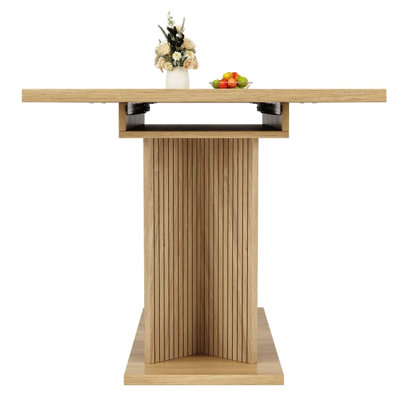 Tavolo da pranzo allungabile da 140 a 180 cm con contenitore integrato; ante scanalate; MDF e metallo; rovere chiaro o noce