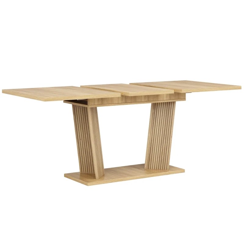 Tavolo da pranzo allungabile da 140 a 180 cm con contenitore integrato; ante scanalate; MDF e metallo; rovere chiaro o noce