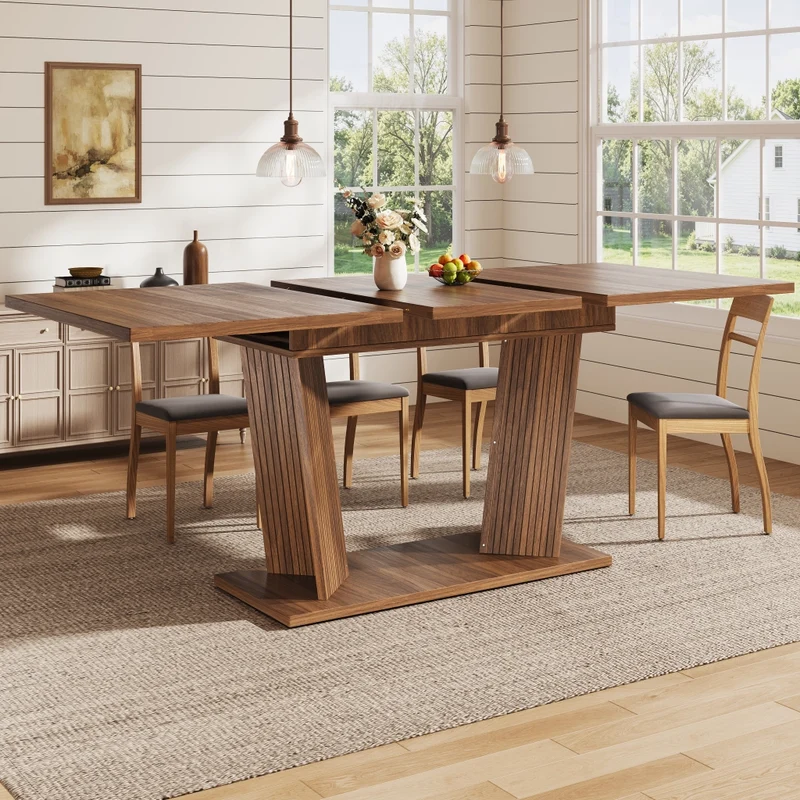 Tavolo da pranzo allungabile da 140 a 180 cm con contenitore integrato in MDF e metallo; effetto noce