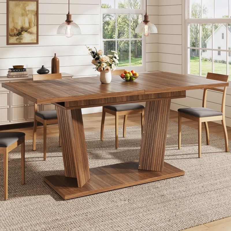 Tavolo da pranzo allungabile da 140 a 180 cm con contenitore integrato in MDF e metallo; effetto noce
