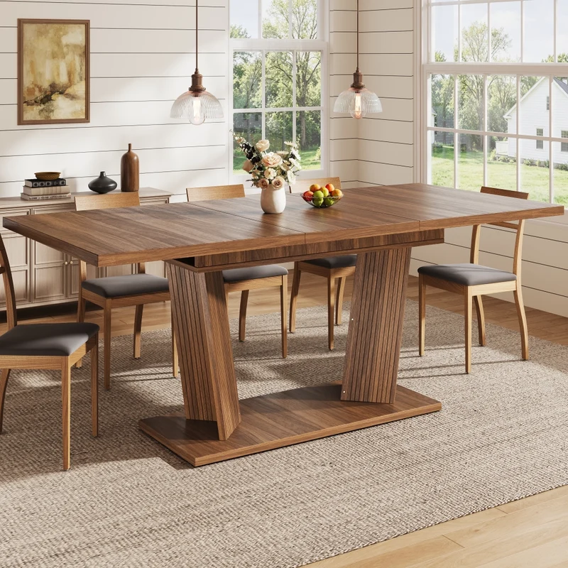 Tavolo da pranzo allungabile da 140 a 180 cm con contenitore integrato in MDF e metallo; effetto noce