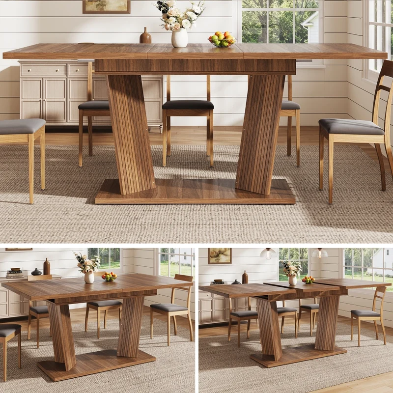 Tavolo da pranzo allungabile da 140 a 180 cm con contenitore integrato in MDF e metallo; effetto noce