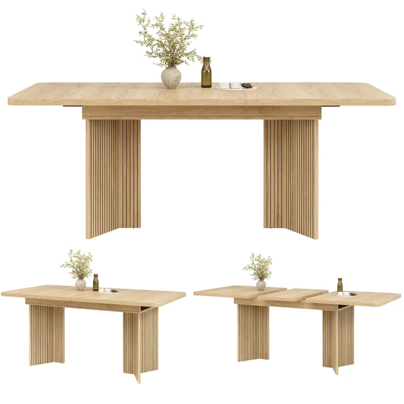 Tavolo da pranzo allungabile da 120 a 160 cm; piano in MDF; gambe a V scanalate; effetto legno