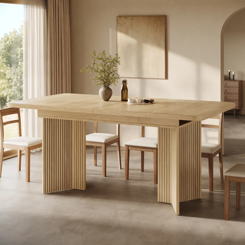 Tavolo da pranzo allungabile da 120 a 160 cm; piano in MDF; gambe a V scanalate; effetto legno