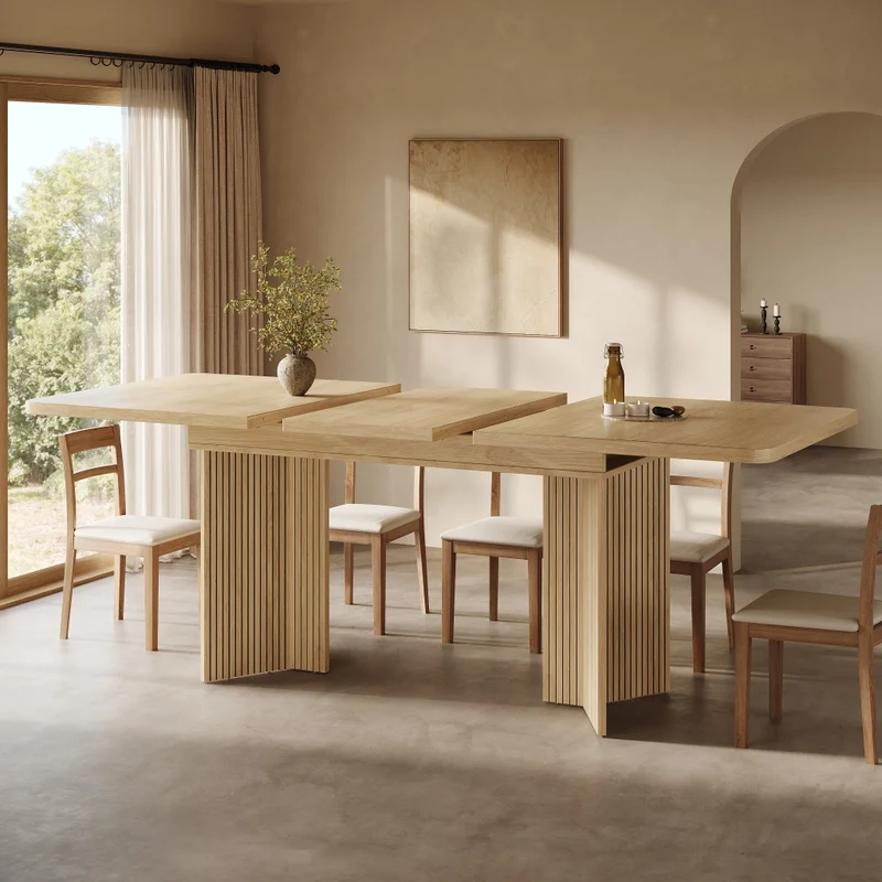 Tavolo da pranzo allungabile da 120 a 160 cm; piano in MDF; gambe a V scanalate; effetto legno