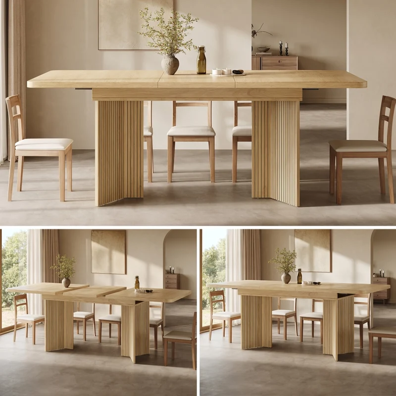 Tavolo da pranzo allungabile da 120 a 160 cm; piano in MDF; gambe a V scanalate; effetto legno