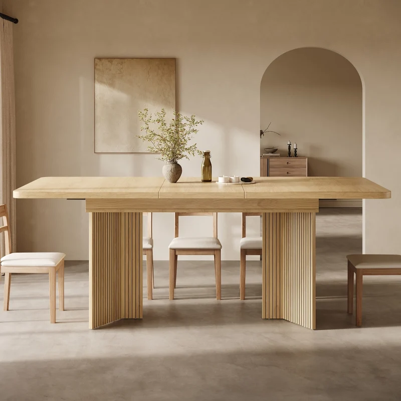 Tavolo da pranzo allungabile da 120 a 160 cm; piano in MDF; gambe a V scanalate; effetto legno