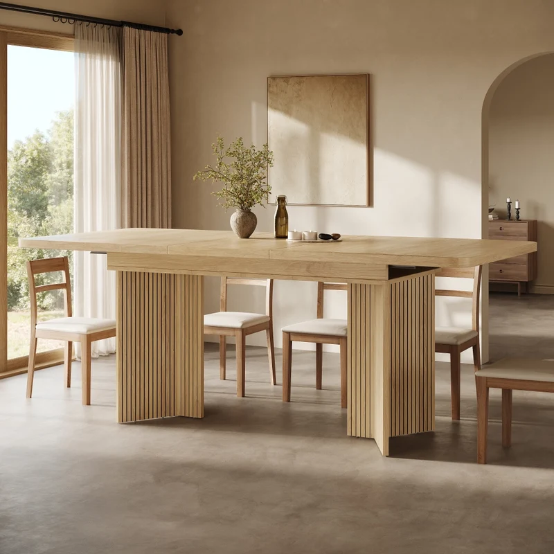 Tavolo da pranzo allungabile da 120 a 160 cm; piano in MDF; gambe a V scanalate; effetto legno