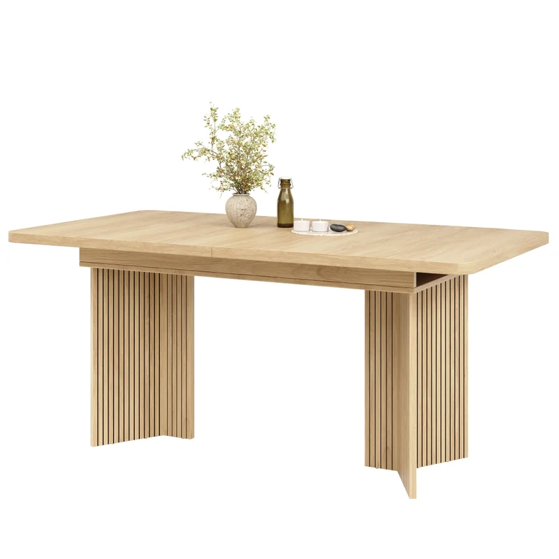 Tavolo da pranzo allungabile da 120 a 160 cm; piano in MDF; gambe a V scanalate; effetto legno