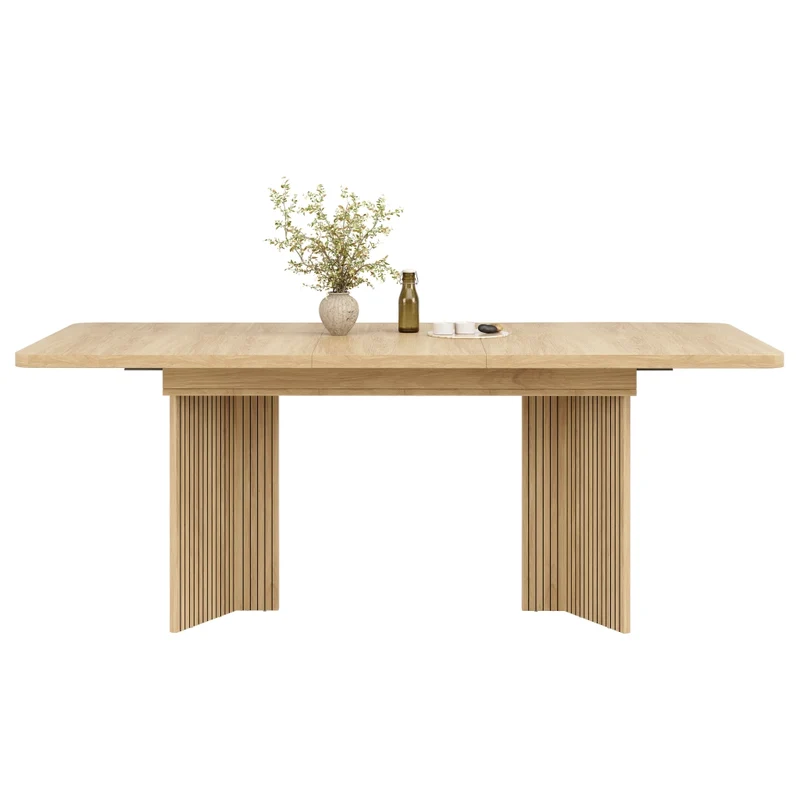 Tavolo da pranzo allungabile da 120 a 160 cm; piano in MDF; gambe a V scanalate; effetto legno