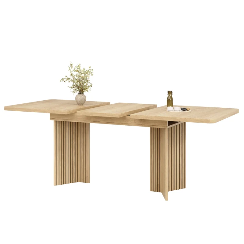 Tavolo da pranzo allungabile da 120 a 160 cm; piano in MDF; gambe a V scanalate; effetto legno
