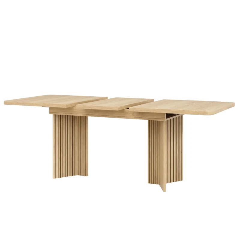 Tavolo da pranzo allungabile da 120 a 160 cm; piano in MDF; gambe a V scanalate; effetto legno