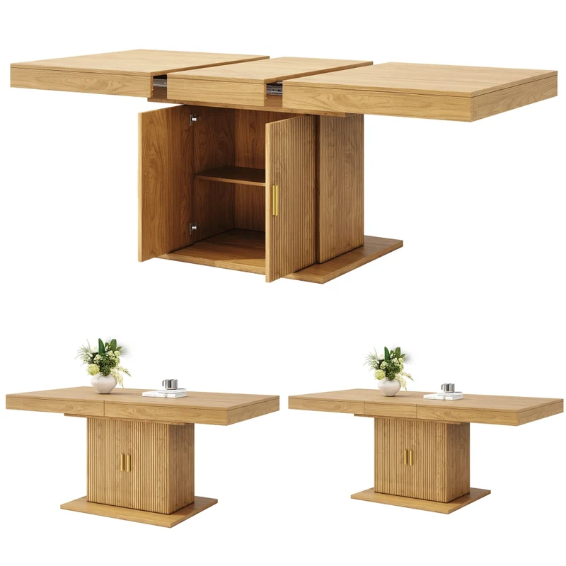 Tavolo da pranzo allungabile 120-160 x 80 x 76 cm in MDF effetto legno naturale; base doppia; marrone chiaro