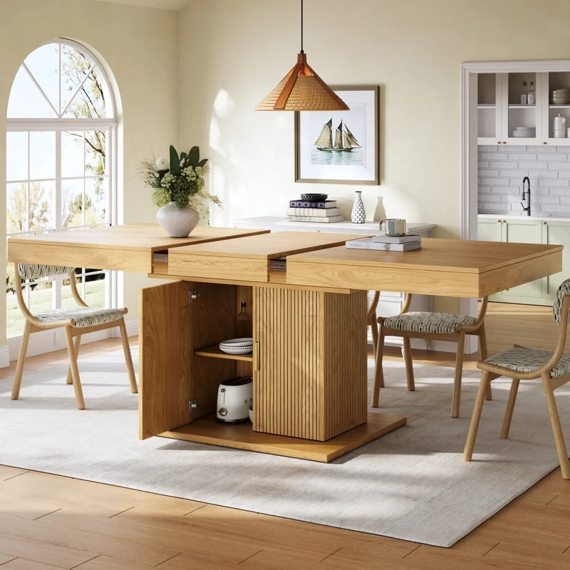 Tavolo da pranzo allungabile 120-160 x 80 x 76 cm in MDF effetto legno naturale; base doppia; marrone chiaro