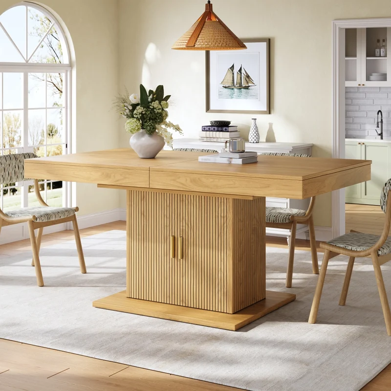 Tavolo da pranzo allungabile 120-160 x 80 x 76 cm in MDF effetto legno naturale; base doppia; marrone chiaro