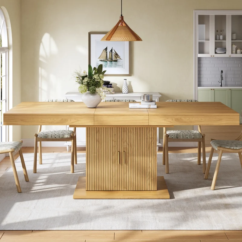 Tavolo da pranzo allungabile 120-160 x 80 x 76 cm in MDF effetto legno naturale; base doppia; marrone chiaro