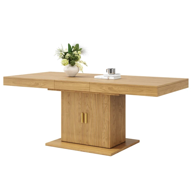 Tavolo da pranzo allungabile 120-160 x 80 x 76 cm in MDF effetto legno naturale; base doppia; marrone chiaro