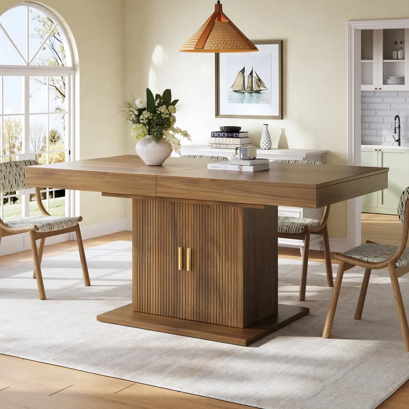 Tavolo da pranzo allungabile in MDF e metallo; 120-160 x 80 x 76 cm; color rovere