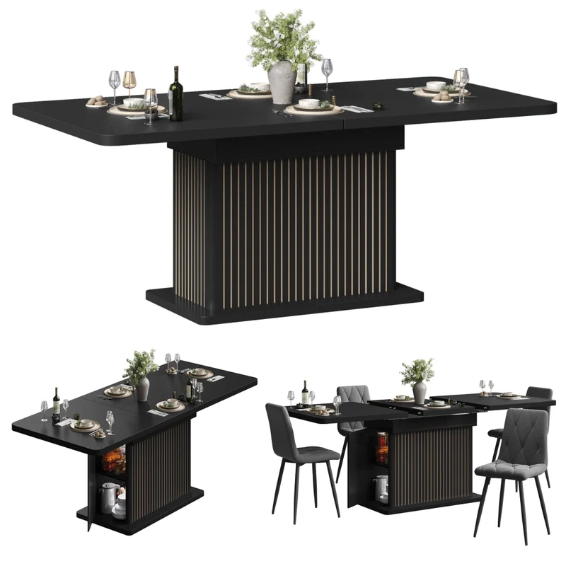 Tavolo da pranzo allungabile 120-160-200 x 80 cm in MDF e metallo; vano nascosto; marrone scuro