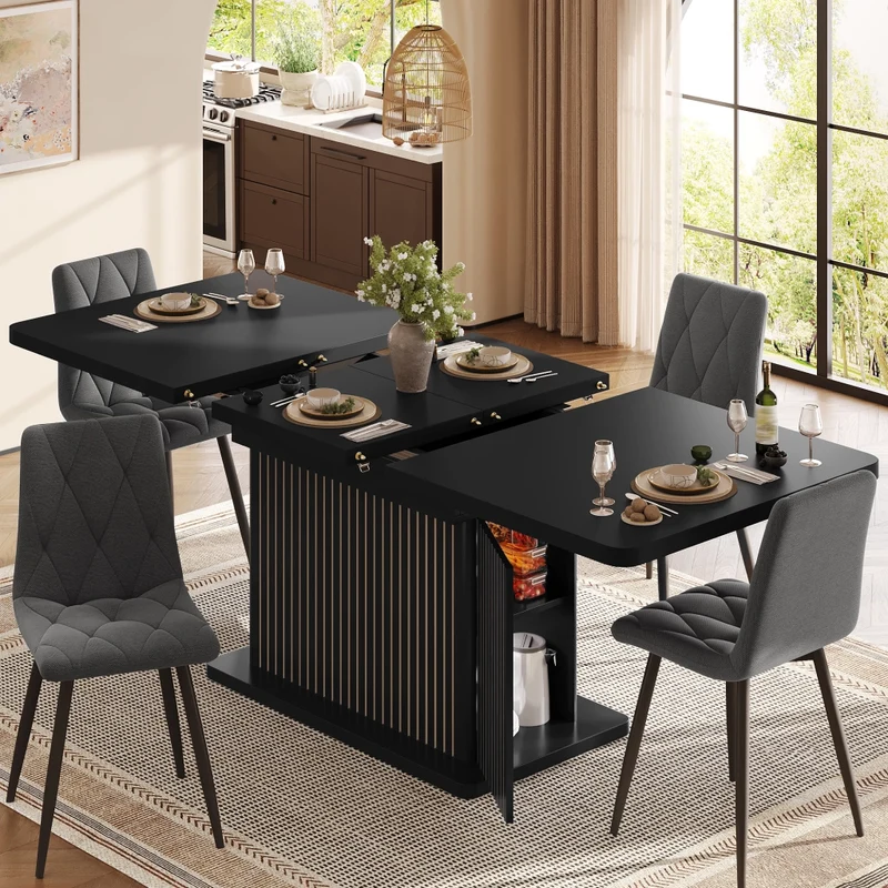 Tavolo da pranzo allungabile 120-160-200 x 80 cm in MDF e metallo; vano nascosto; marrone scuro