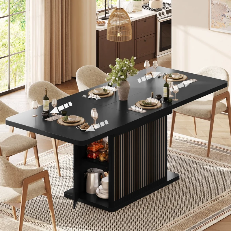 Tavolo da pranzo allungabile 120-160-200 x 80 cm in MDF e metallo; vano nascosto; marrone scuro