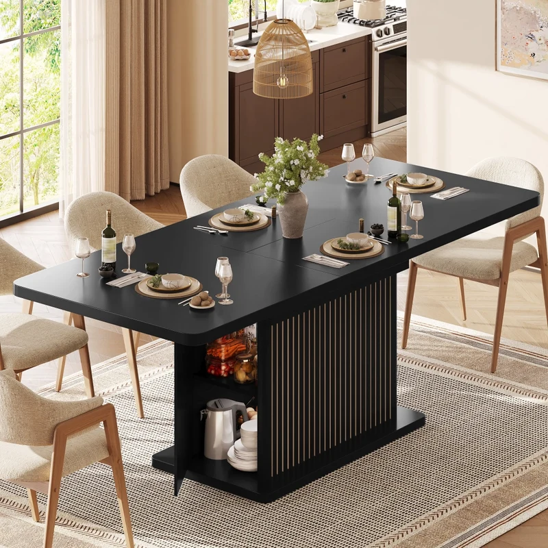 Tavolo da pranzo allungabile 120-160-200 x 80 cm in MDF e metallo; vano nascosto; marrone scuro