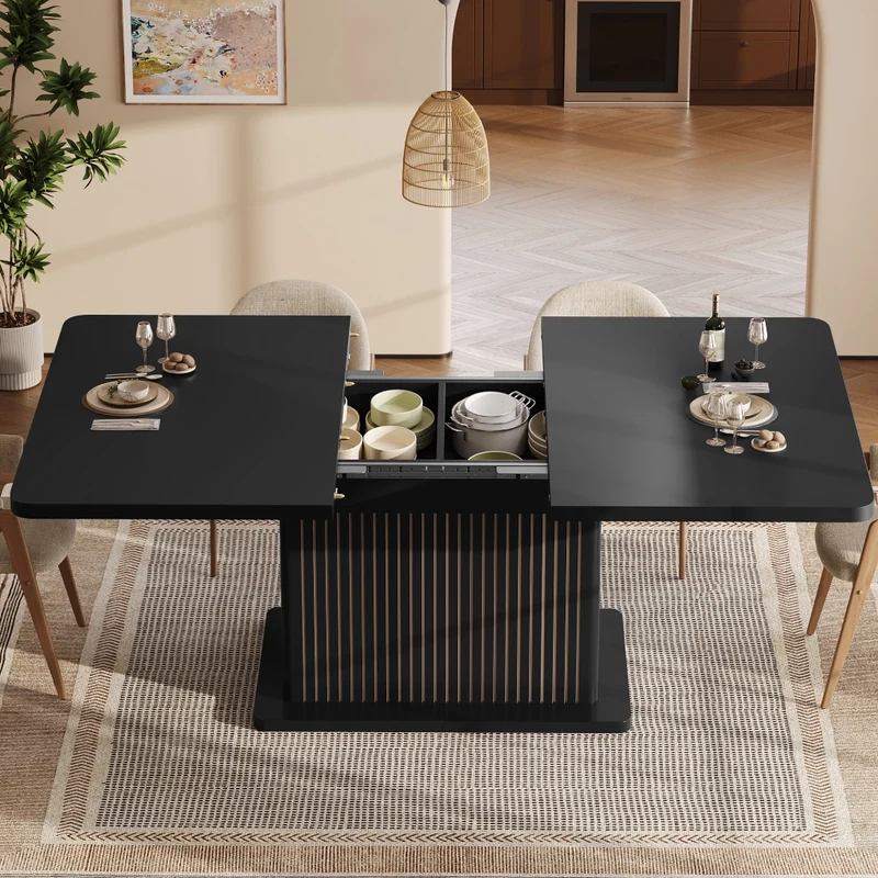 Tavolo da pranzo allungabile 120-160-200 x 80 cm in MDF e metallo; vano nascosto; marrone scuro