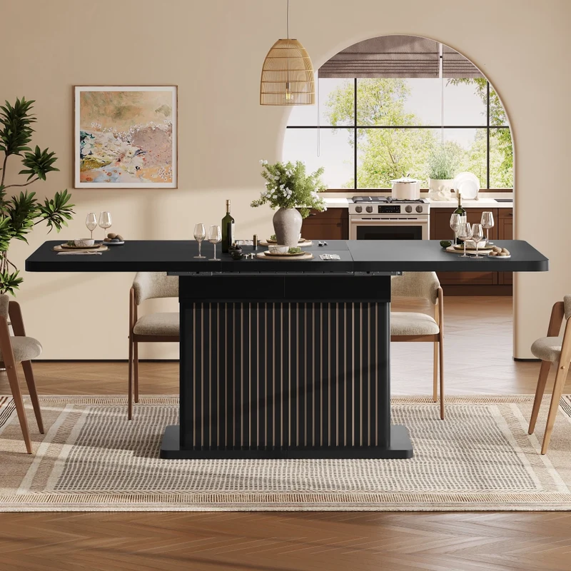 Tavolo da pranzo allungabile 120-160-200 x 80 cm in MDF e metallo; vano nascosto; marrone scuro