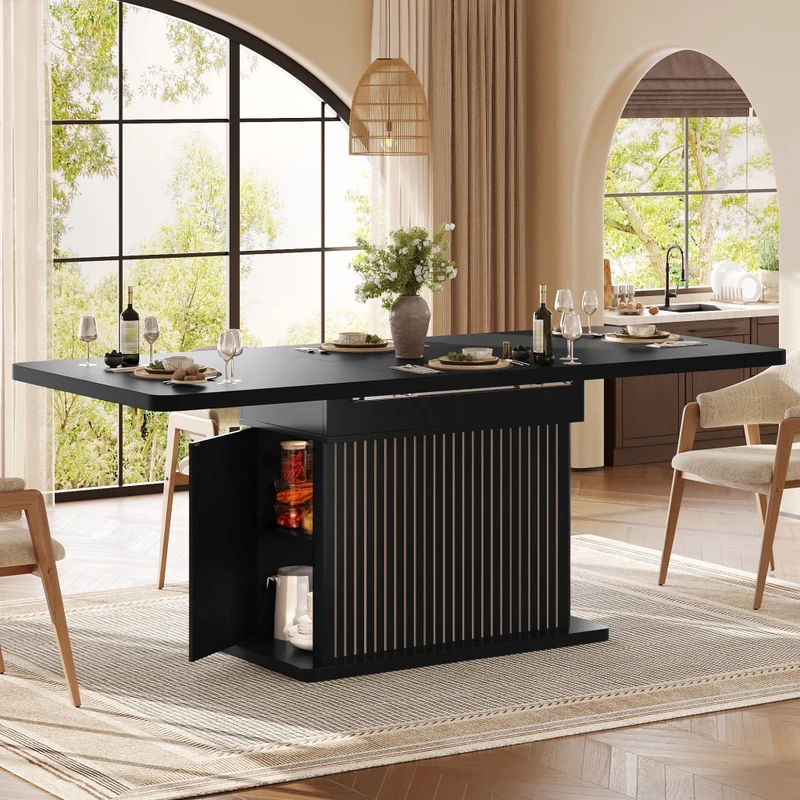 Tavolo da pranzo allungabile 120-160-200 x 80 cm in MDF e metallo; vano nascosto; marrone scuro