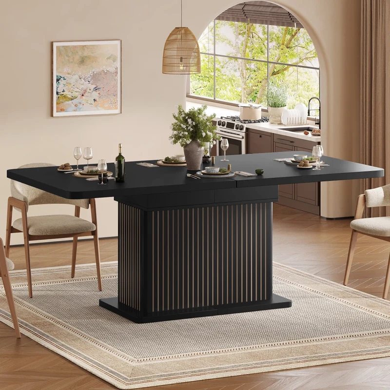 Tavolo da pranzo allungabile 120-160-200 x 80 cm in MDF e metallo; vano nascosto; marrone scuro