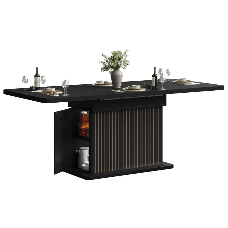 Tavolo da pranzo allungabile 120-160-200 x 80 cm in MDF e metallo; vano nascosto; marrone scuro
