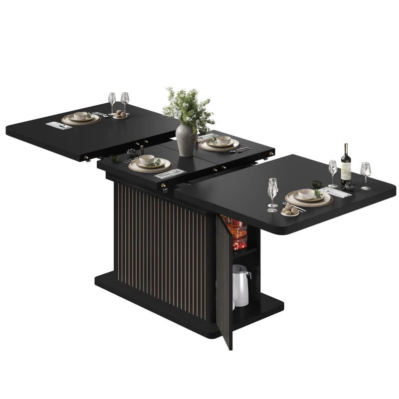Tavolo da pranzo allungabile 120-160-200 x 80 cm in MDF e metallo; vano nascosto; marrone scuro