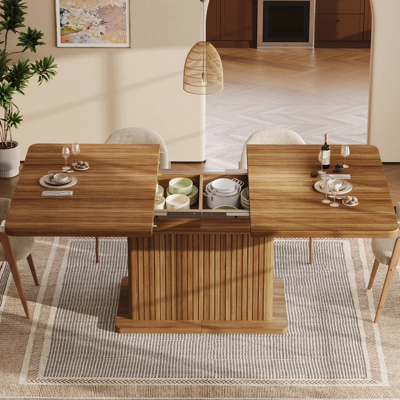 Tavolo da pranzo quadrato 80x80 cm con contenitore nascosto; MDF e metallo; effetto legno marrone scuro