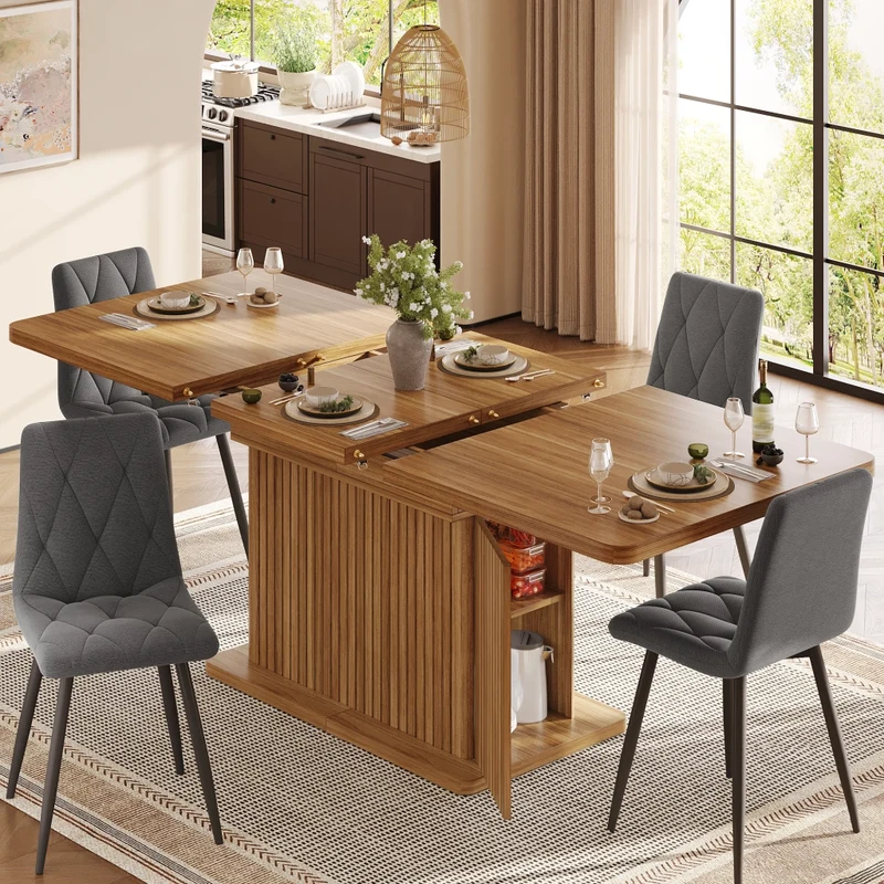Tavolo da pranzo quadrato 80x80 cm con contenitore nascosto; MDF e metallo; effetto legno marrone scuro
