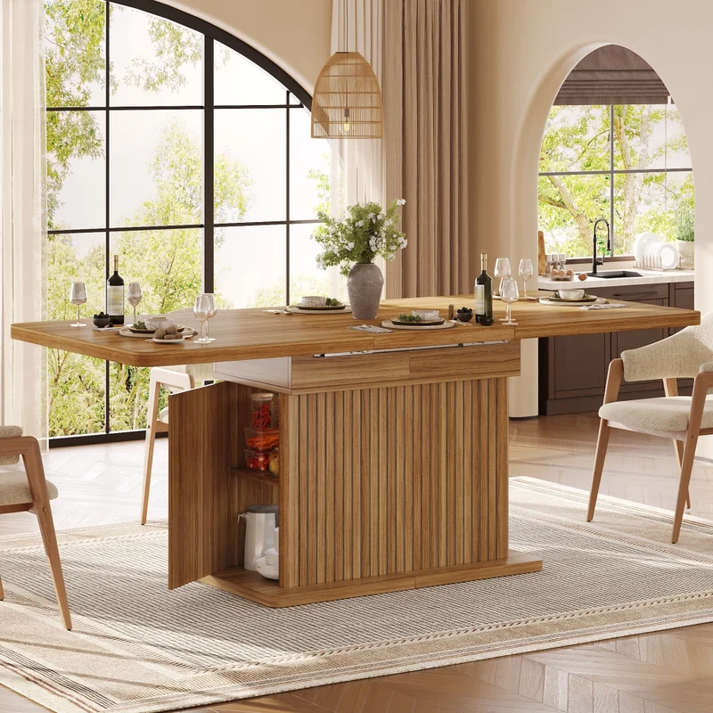 Tavolo da pranzo quadrato 80x80 cm con contenitore nascosto; MDF e metallo; effetto legno marrone scuro