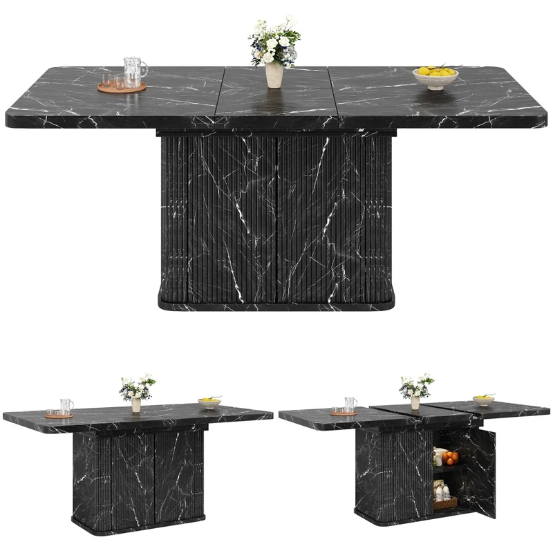 Tavolo da pranzo allungabile da 120 a 160 cm; tavolo da pranzo nero moderno con contenitore nascosto