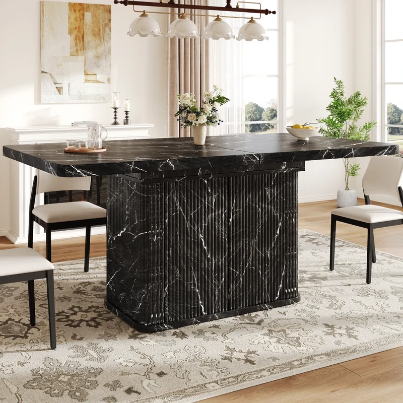 Tavolo da pranzo allungabile da 120 a 160 cm; tavolo da pranzo nero moderno con contenitore nascosto